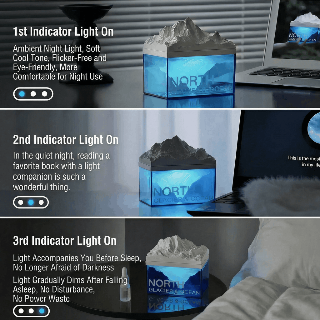 NORT night light with indicator lights on a desk and in a bedroom setting.