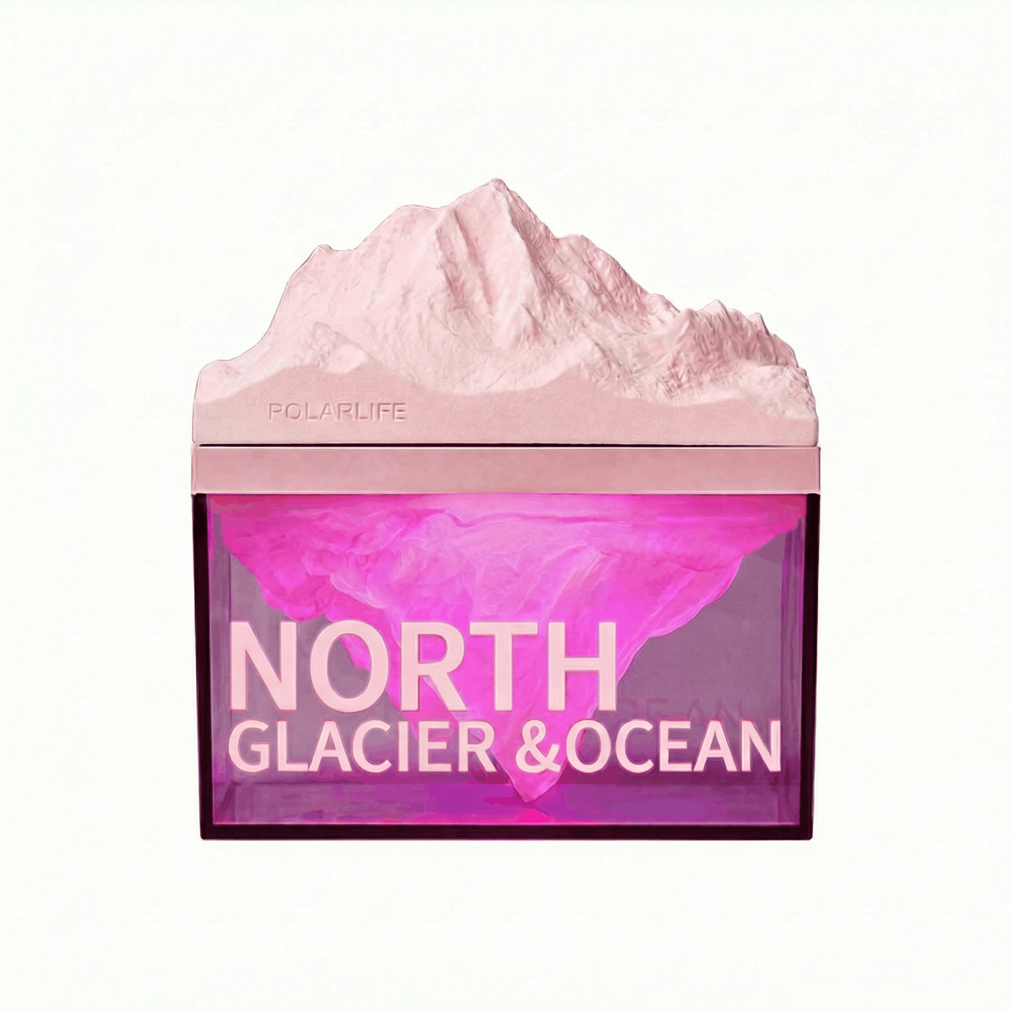 Pink and purple container with mountain design labeled 'North Glacier & Ocean' on a white background
