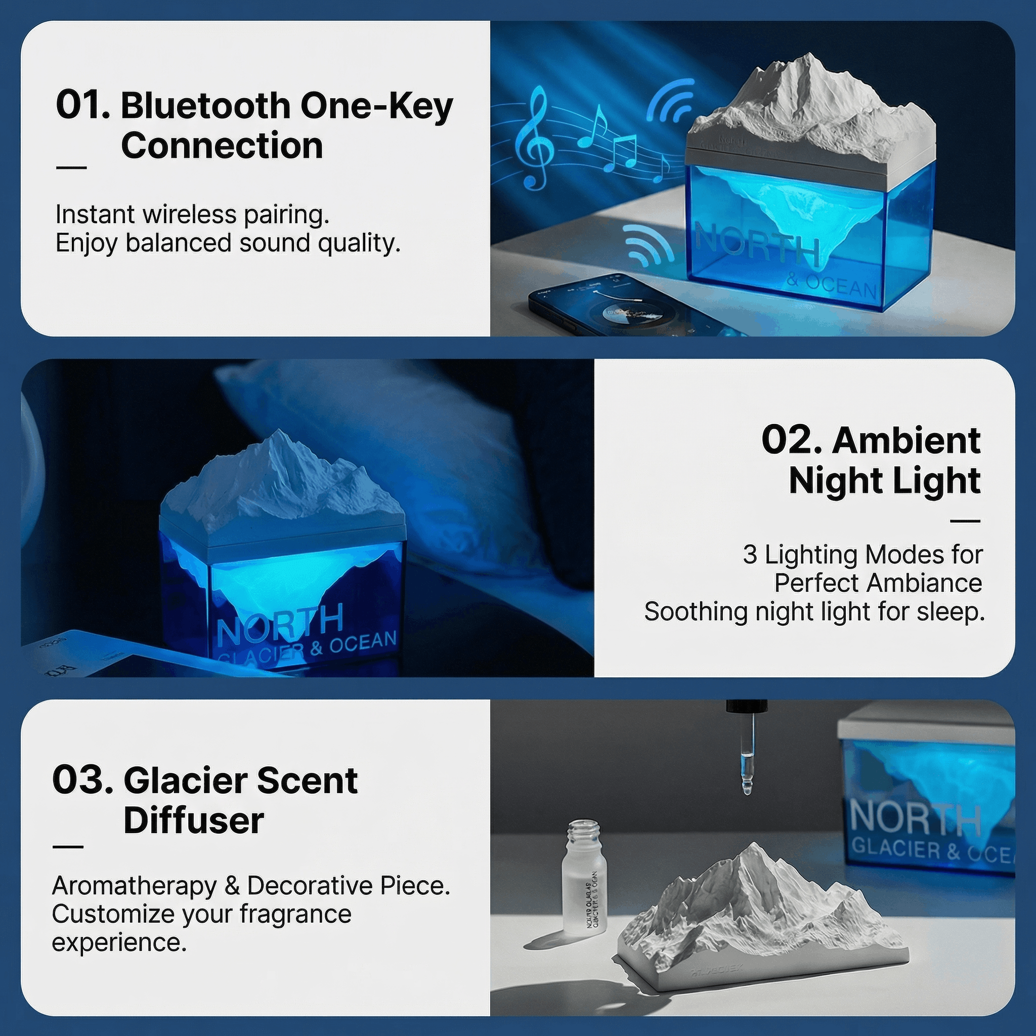 Product display with Bluetooth connection, ambient night light, and glacier scent diffuser features.