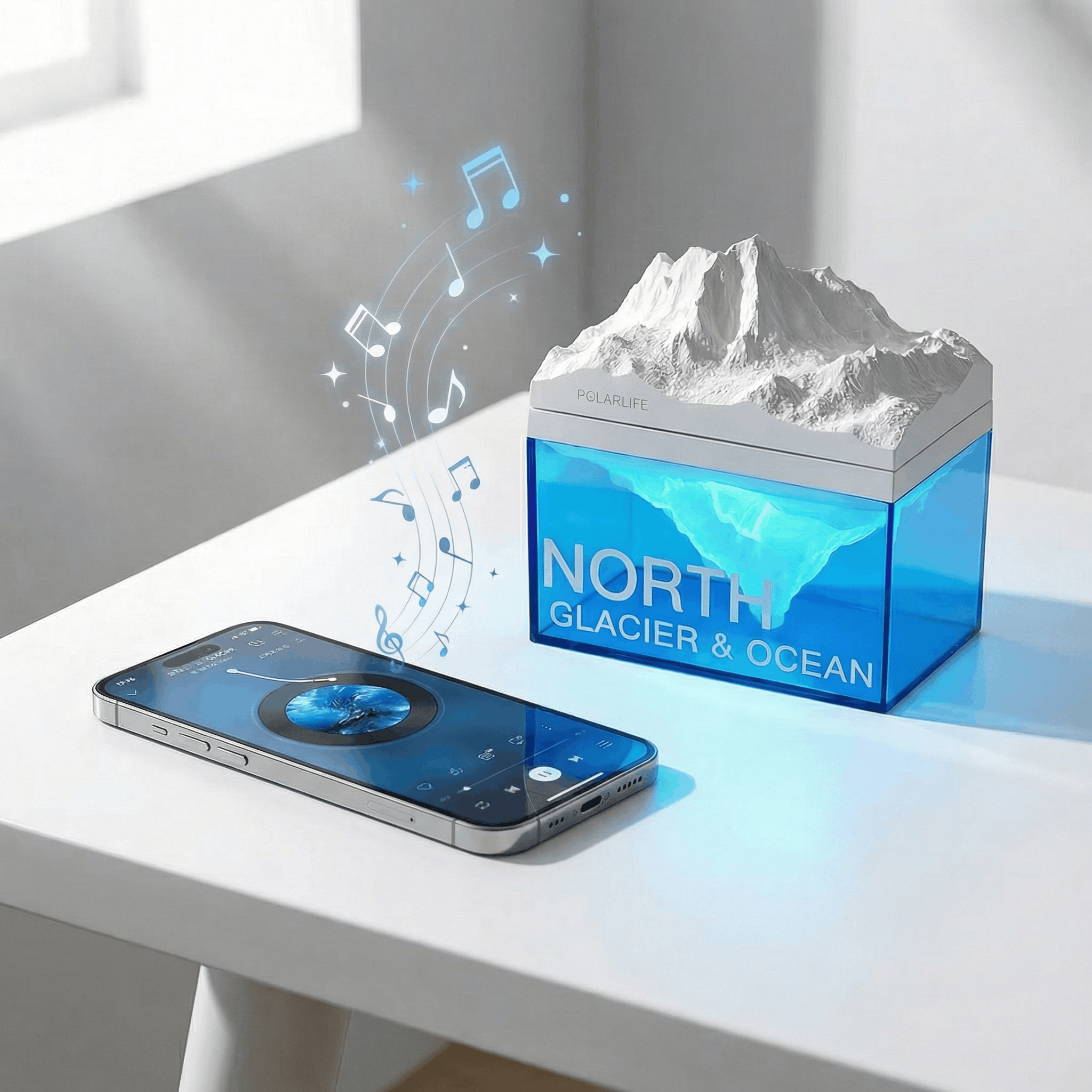 Phone with a mountain-themed app icon next to a box labeled 'North Glacier & Ocean' on a white surface.